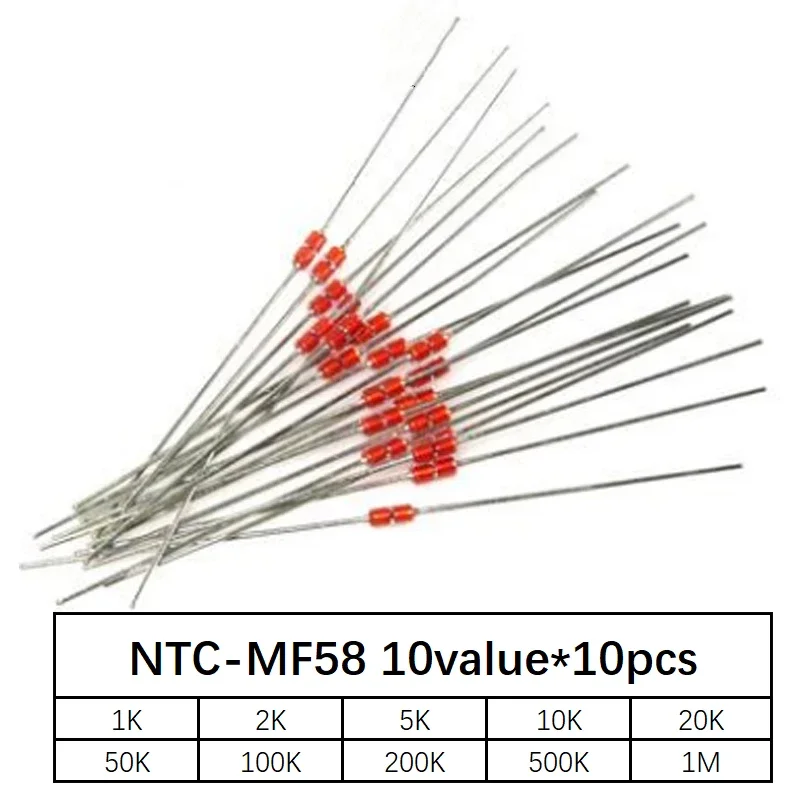 

100pcs=10value*10pcs NTC Thermistor Resistor Kit NTC-MF58 1K 2K 5K 10K 20K 50K 100K 200K 500K 1M +/-5% 3950B