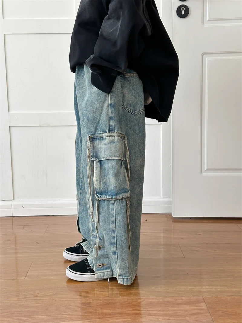 Children Clothing Kids Casual Pants 2024 Spring New Fashionable Korean Style Denim Overalls Boys Girls Vintage Wide-leg Pants
