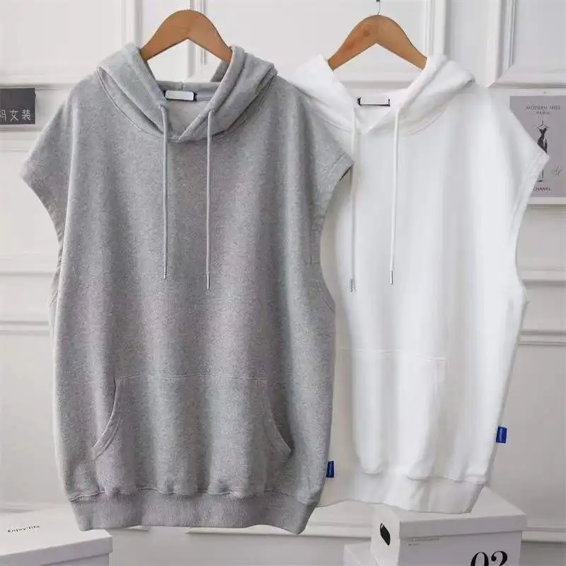 Women's Clothing Casual Loose Sleeveless Hoodies Summer New Solid Color Fashion Basics Pockets Patchwork Sweatshirts for Female