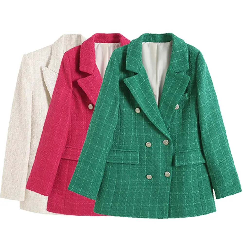 2023 Women Fashion Double Breasted Houndstooth Blazer Coat Vintage Long