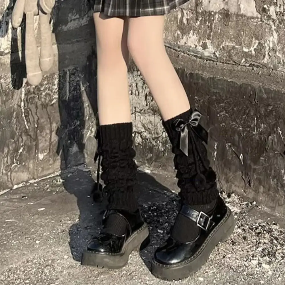 New Lolita Knitted Leg Warmers Fleece Lined Thermal Pom-pom Leg Warmers Bowknot Leg Covers