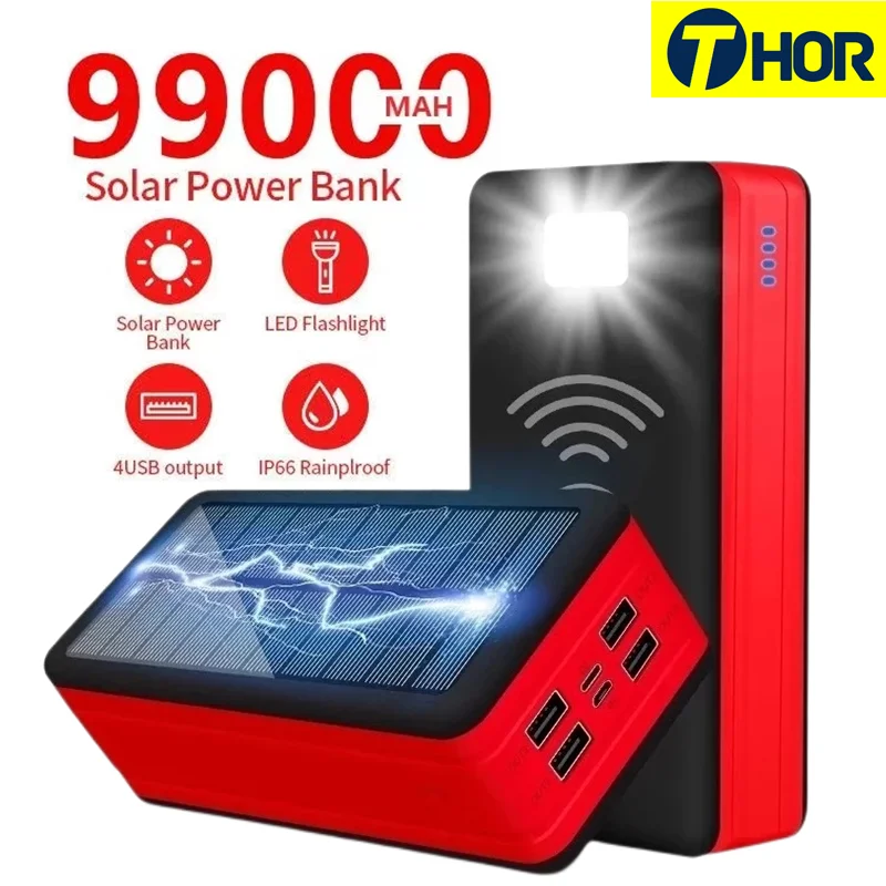 Solar Power Bank 99000mAh Portable Solar Charger Battery 4 USB Output Ports 2 Input Ports