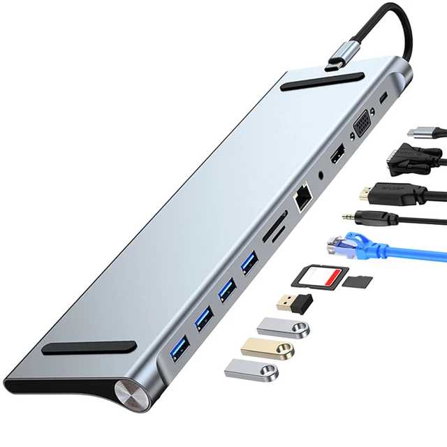 11 in 1 Type C Hub with 4K HDMI-Compatible VGA Ethernet Multiport Adapter 100W PD SD/TF Audio for Surface/HP/Dell/Lenovo/MacBook