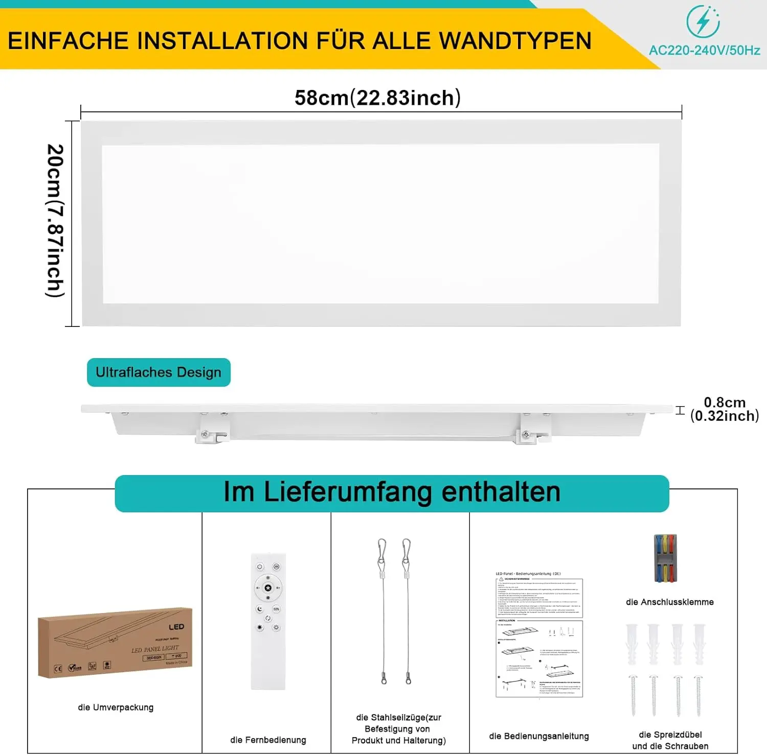 3x LED Panel Ceiling Light 58x20cm 24W 2400LM Dimmable, Remote Control, 3000K-6500K S3dd19cf61c684a999db9500978218909K