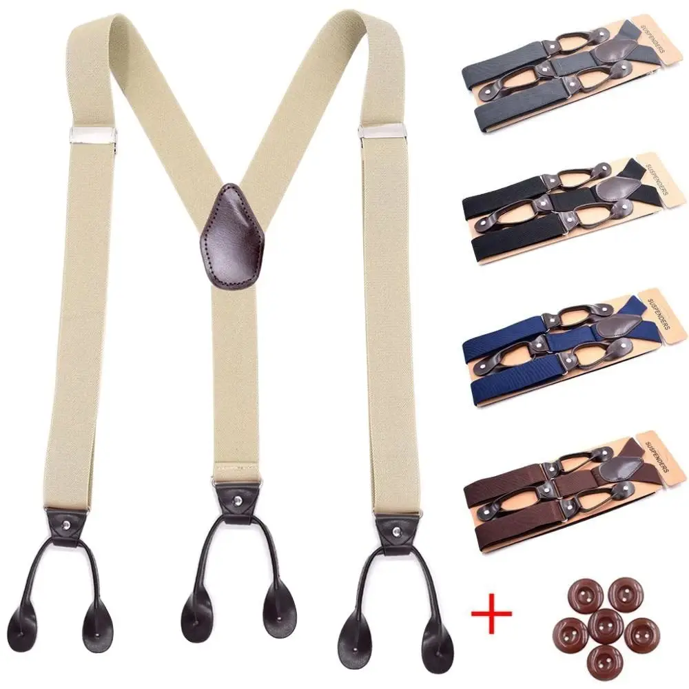 Men Women Adult Vintage Suspenders Leather Trimmed Button End Y Back Adjustable Elastic Trouser Braces Straps Belt
