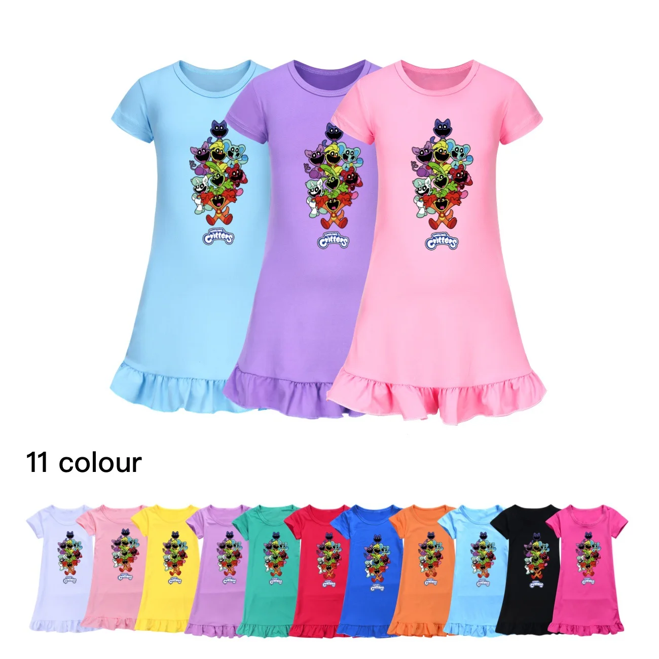 Smiling Critters Clothes Children Cartoon Catnap Catnat Nightdress 2-12Y Kids Summer SleepDress Baby Girls Short Sleeve Nightgow