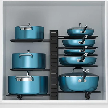 8 Tiers Pan Pot Organizer Rack 3 DIY Methods Adjustable Cabinet Pantry Pots Lids Storage Rack Kitchen Organization 3