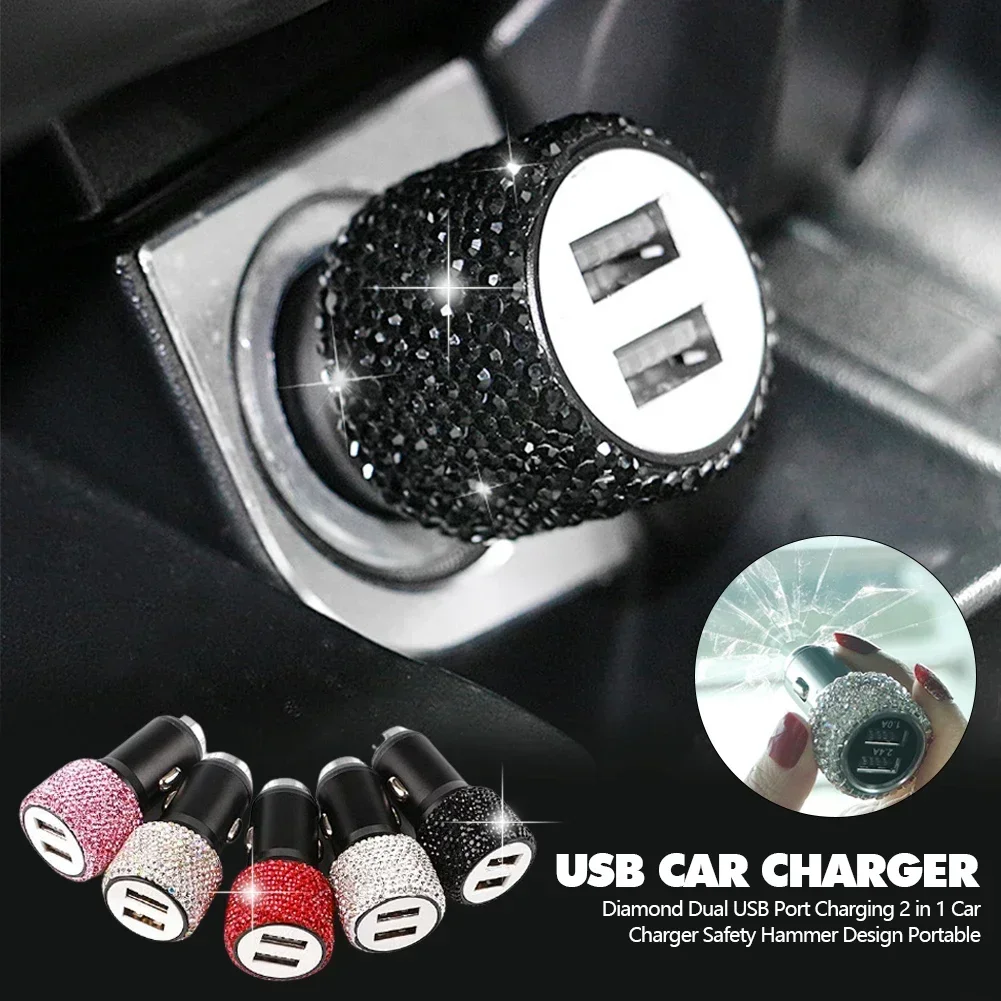 라인스톤 차량용 충전기 5V 2.1A 듀얼 USB 포트 고속 어댑터 핑크 차량 장식 차량 스타일링 다이아몬드 차량 액세서리 여성용