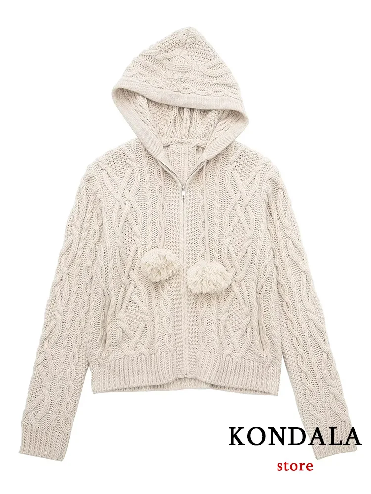 

KONDALA Casual Beige Knitted Hooded Loose Sweaters Women Long Sleeve V Neck Zipper Cardigans Female Fashion 2022 Female Jackets