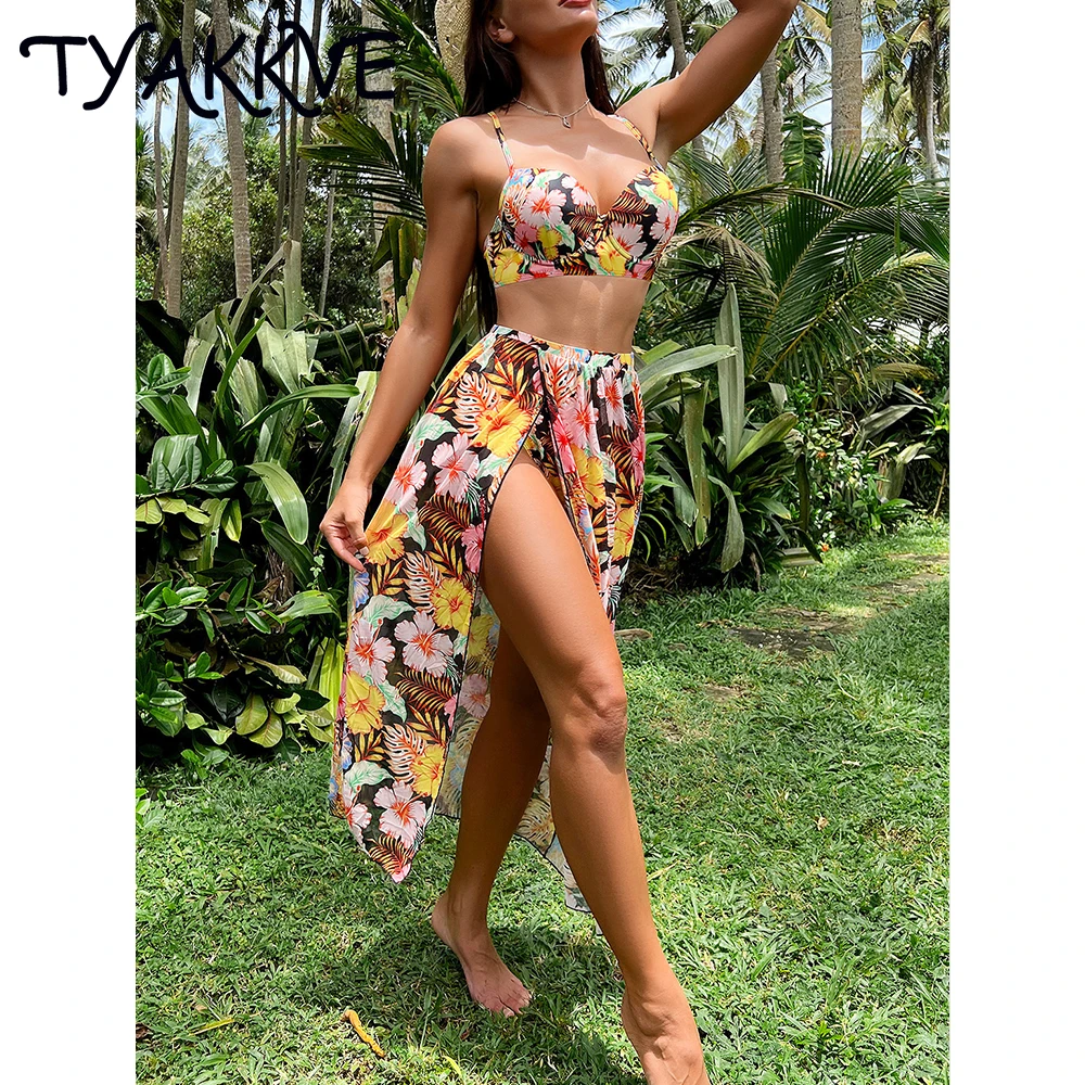 

TYAKKVE 2023 Push Up Bikini Set Swimsuit With Cover Up Women Swimwear Bathing Suit Bandage Beach Swimming Suit Biquini Dress