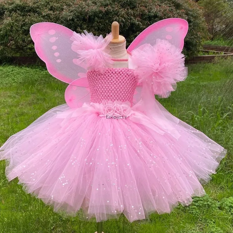 Girls Pink Flower Fairy Dress Kids Glitter Tutu Dress with Butterfly Wing  and Stick Hairbow Set Children Cosplay Party Costumes - AliExpress 200000532