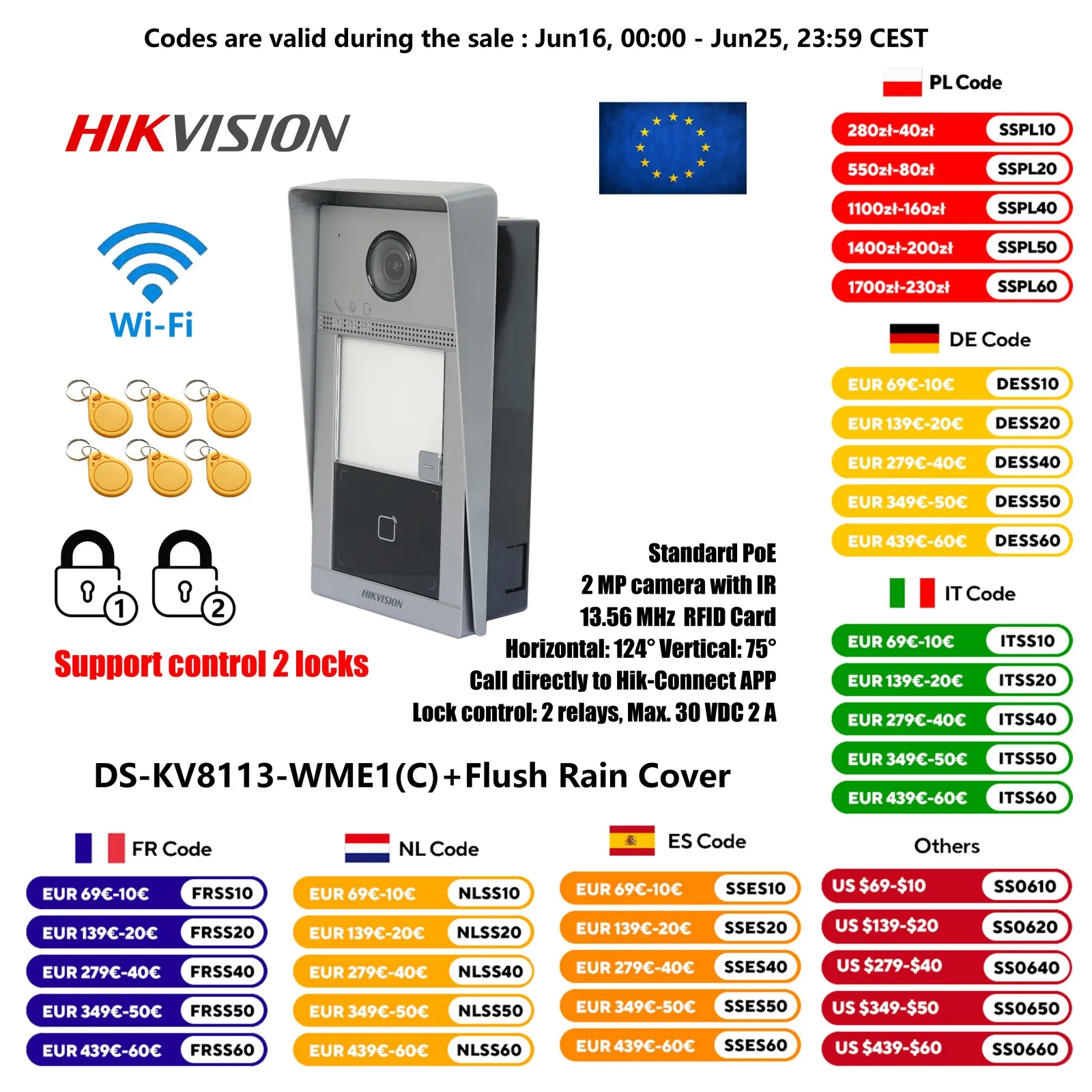Hik vision 1-Tasten-DS-KV8113-WME1 (c) Unterputz-IP-Türklingel, Steuerung 2 Schlösser, WLAN, Tür sprechanlage, Video-Gegensprechanlage, IC-Karte entsperren
