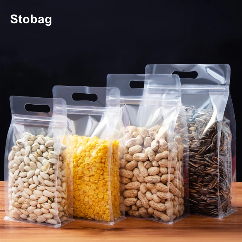StoBag 50pcs Transparent Plastic Food Packaging Ziplock Bag Handle