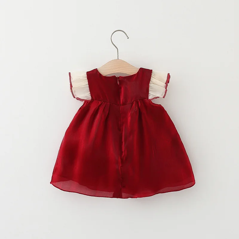 Girls dress New Year's Girl's Summer Dress Solid Red Flying Sleeves Bow Twilight Cloud Princess Suitable for 0-3 Year Old Babies