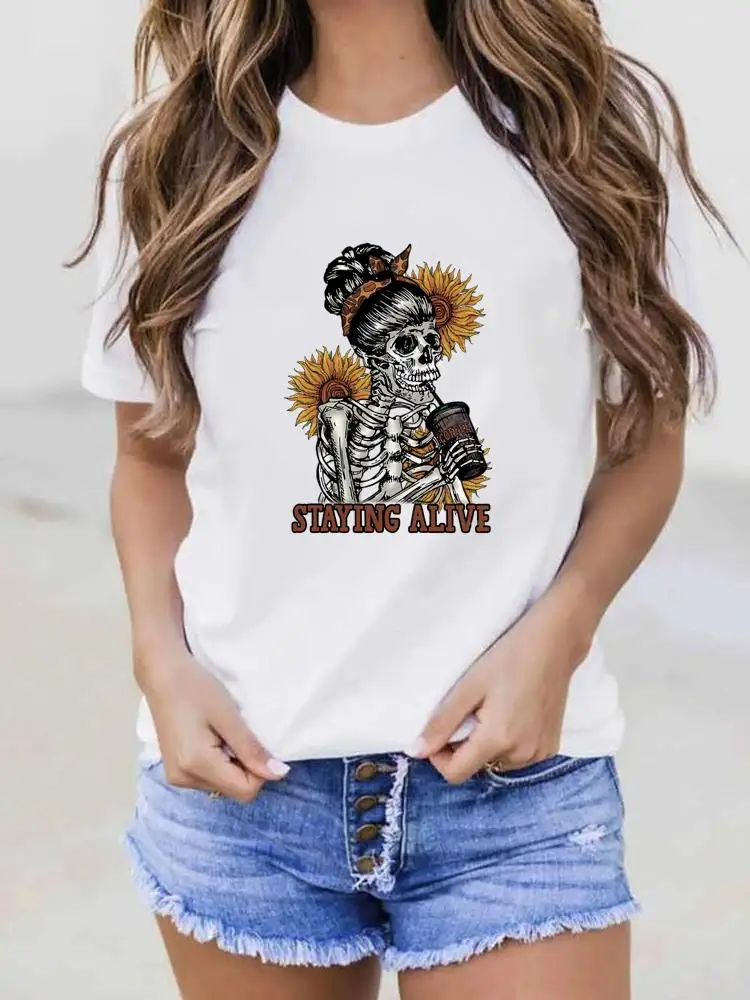 

Short Sleeve Tee Shirt Lady Print Clothes Women Coffee Flower Trend 90s Spring Fashion Female Summer Graphic T-shirt