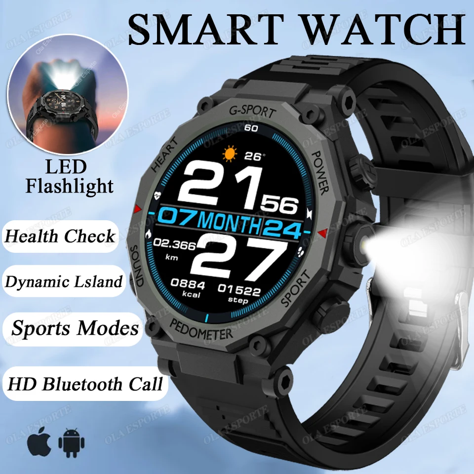 2025 LED Flashligt Outdoor Sport Smart Watch Men Health Monitor HD BT Call GPS Tracker Waterproof Military Bracelets Smartwatch 1