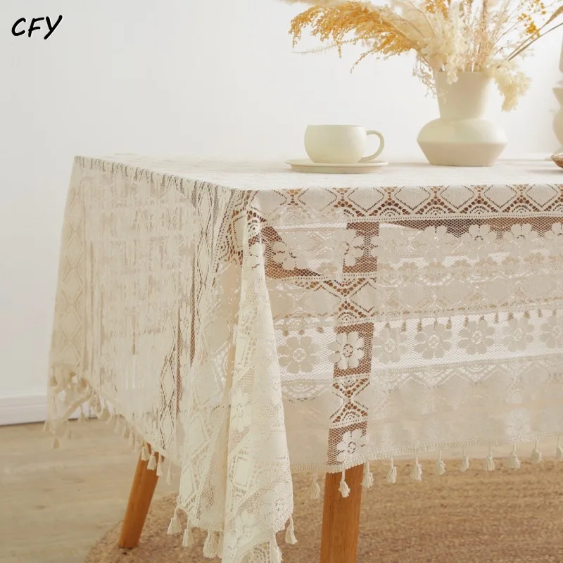 

European Table Cloth Beige Tassel Hollow Out Tablecloth Transparent Rectangular Curtain Cloth Table Cover Home Decoration