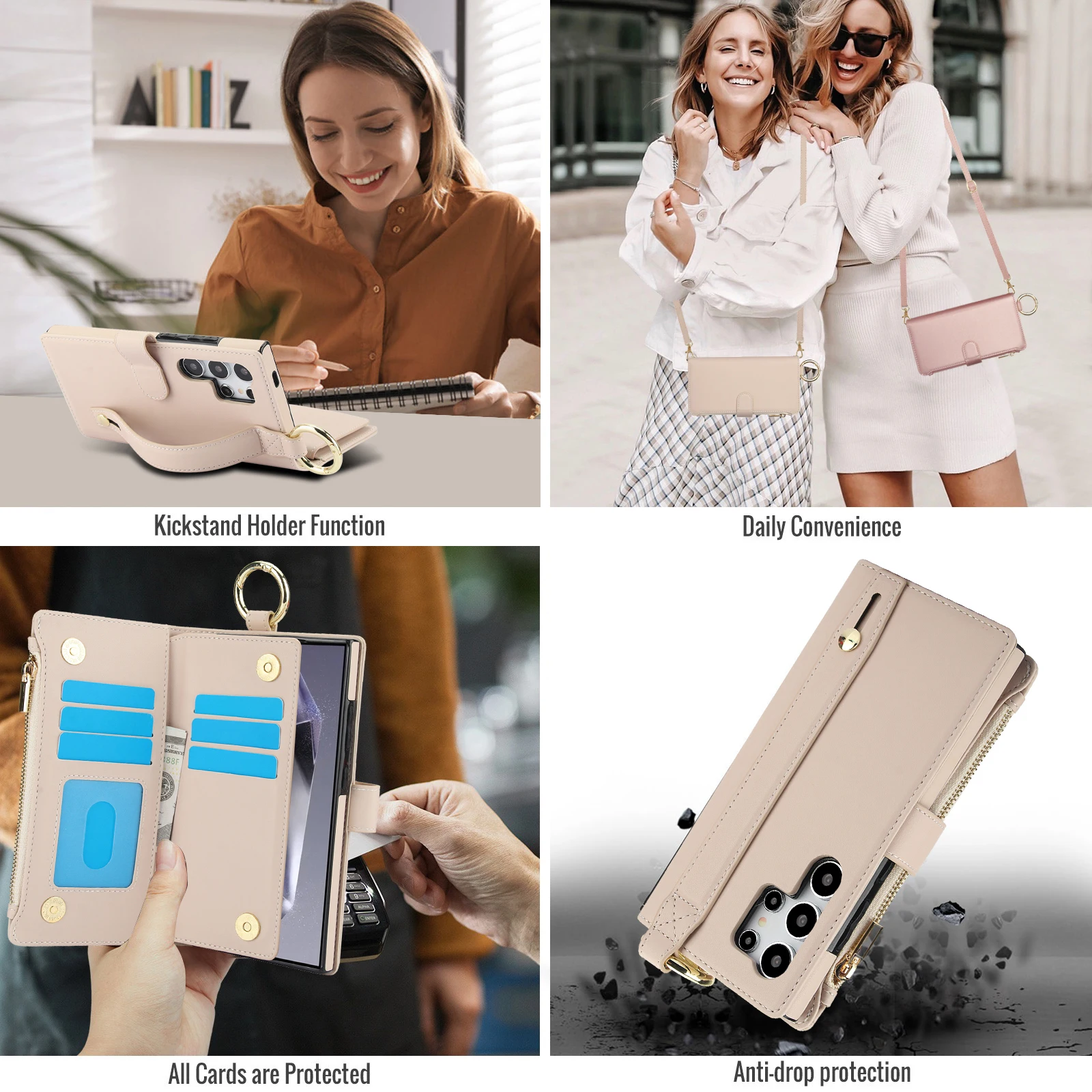 Multi-Functional Leather Wallet Case with Card Slots, Wristband, Zipper, and Shockproof Ring Holder
