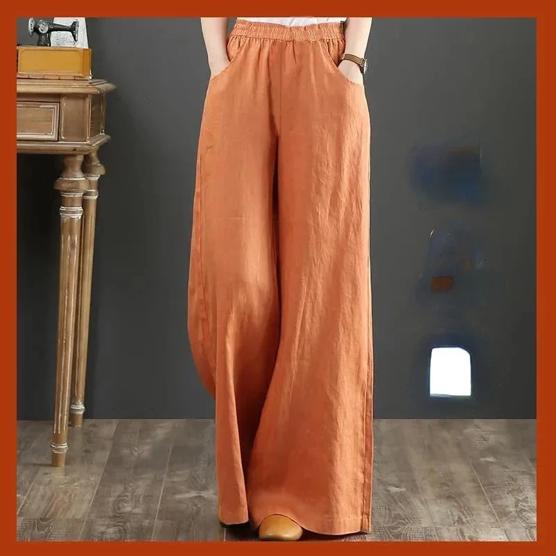 Pure Linen Plus Size Women's Long Pants Wide Leg Pants Elastic Waist Cotton and Linen Spring Summer Korean Retro Fashion Leisure