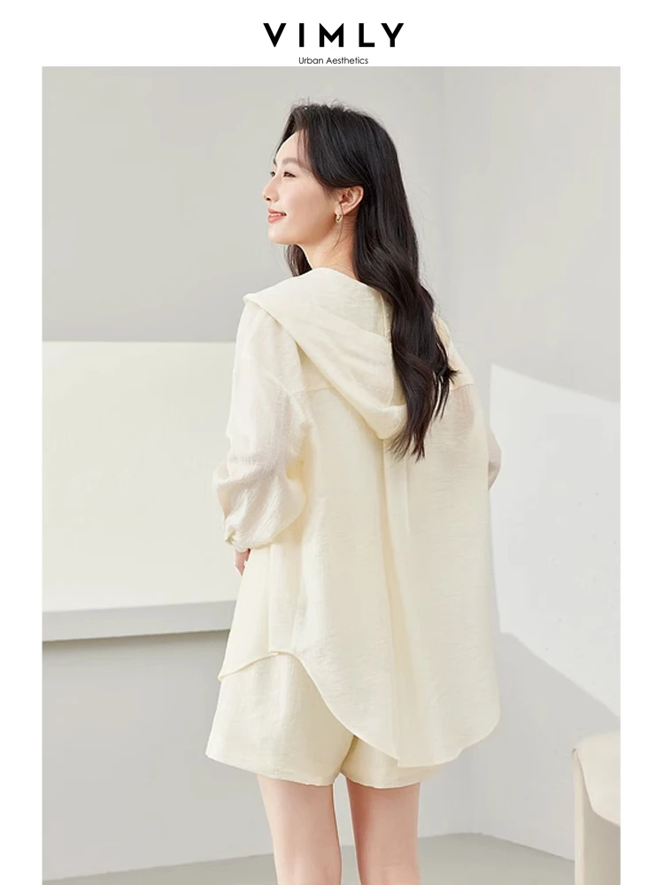 Vimly Apricot Thin Pant Sets for Women 2024 Spring Lyocell Hooded Jacket Elastic Waist Sport Short Pants New Matching Set M6271