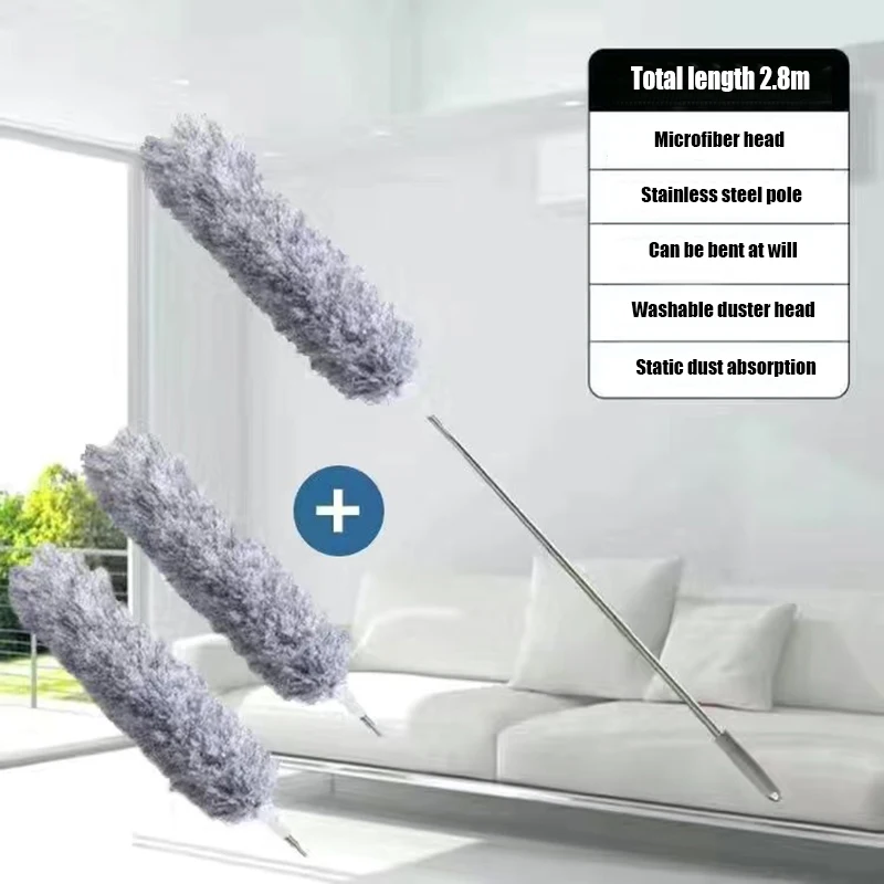 2.8M Extended Chicken Feather Duster Extendable and Curved Ceiling Cleaning Broom Home Electrostatic Dust Collector