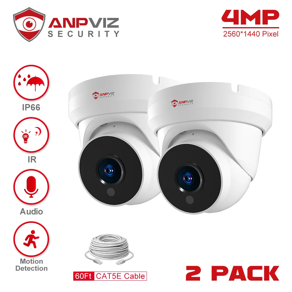 Anpviz 4MP POE IP Camera 2PCS Outdoor Security  Video Surveillance Turret Camera Motion Detection P2P View Danale Built-in Mic
