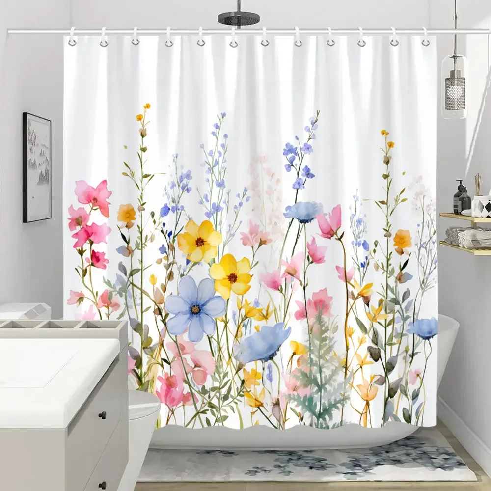 

Colorful Flowers Shower Curtain for Bathroom Pink Floral Romantic Wildflower Plants Nature Scenery Decor Curtain Set with Hooks