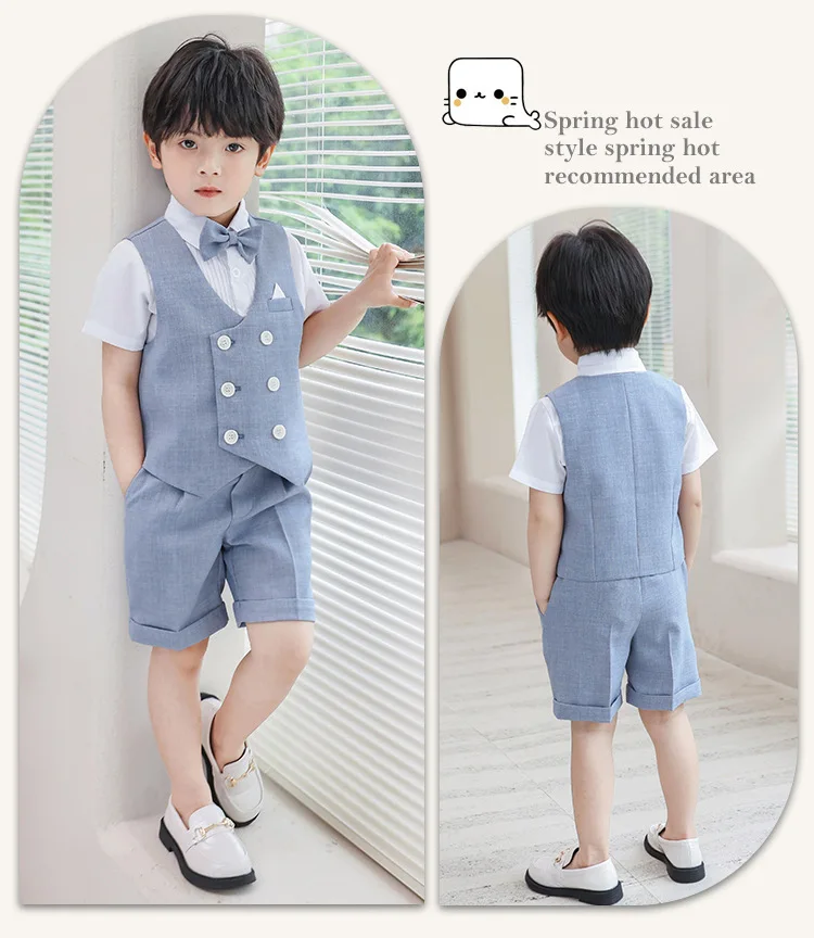 JUCPKID Jungen Sommer Kurzarm Weste Anzug Formal Elegant Kind Jungen Hochzeit Anzug Kinder Host Klavier Leistung Fotografie Kostüm – Detail 3