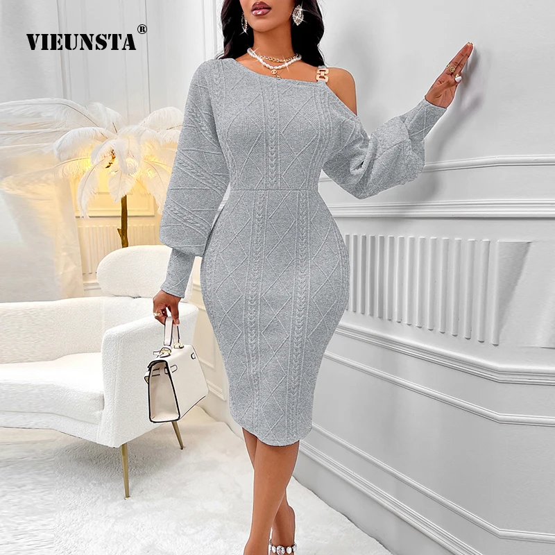 

Winter New Single Shoulder Lantern Sleeve Waist Wrap Hip Dress Oblique Neck Solid Color Slim Fit Dress Lady Sexy Party Vestidos