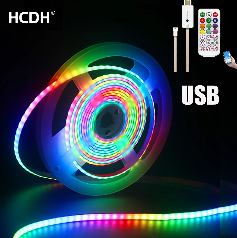 USB 5 В, цвет мечты окружающей среды, для подсветки телевизора, декора ПК, компьютерная лампа, 160 светодиодов/м, 5 мм, WS2812B, лампа-полоса, программируемая
