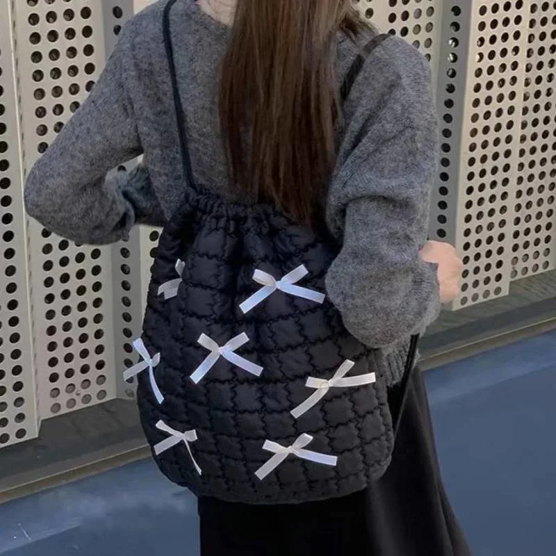 

Ins Korean Sweet Bow Backpack Lovely Checkered Knot Cotton Zipper Shoulder Bag Fashion Sweet Chic Kawaii Girl Backpackorganizer