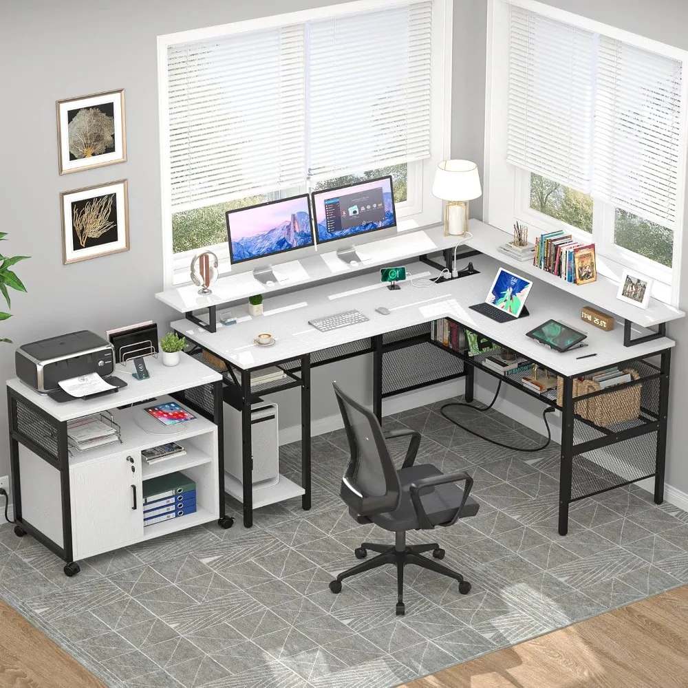L-Shaped Desk with LED Strip and Power Outlets, Reversible Corner Computer Desk with Monitor Stand and Storage Shelf, 2