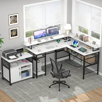 L-Shaped Desk with LED Strip and Power Outlets, Reversible Corner Computer Desk with Monitor Stand and Storage Shelf, 2