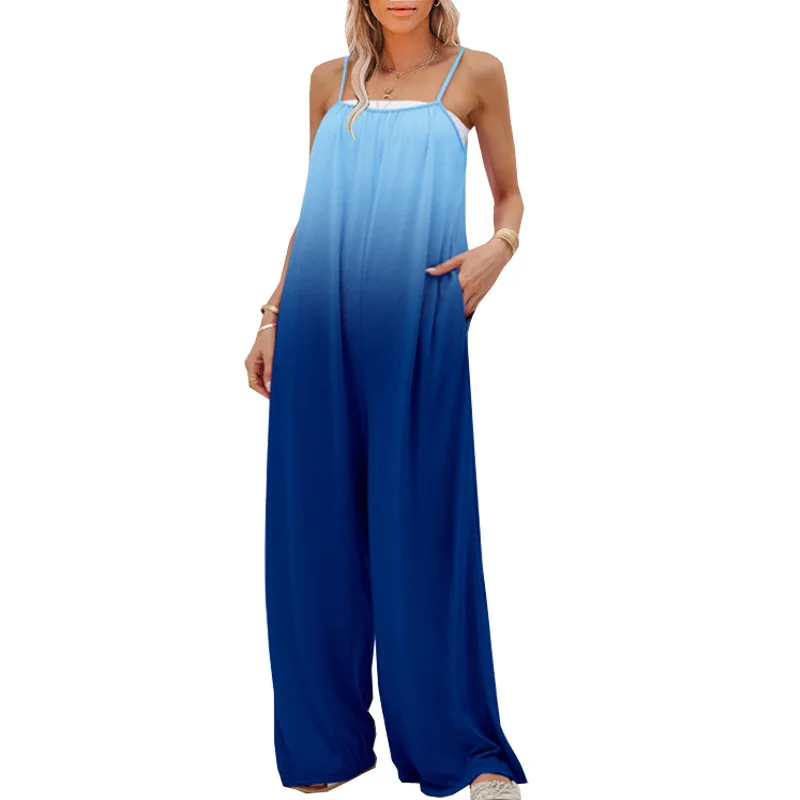 2023 Summer New Women's Jumpsuit Fashion Loose Color Gradient Wide Leg Pants Casual Sleeveless High Waistband Jumpsuit Overalls