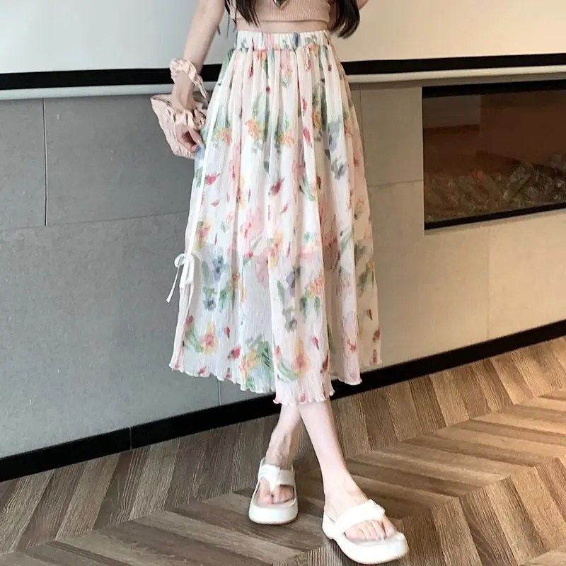 Fairy Broken Flowers A-Line Skirts Summer High Waist Elastic Women's Clothing Folds Stylish Split Drawstring Bow Midi Skirts New
