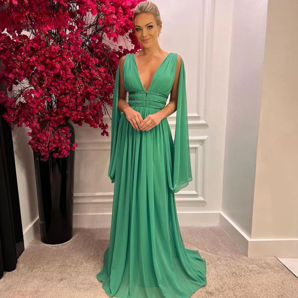 

Deep V-Neck Beading Prom Dresses with Wrap 2023 Sexy Floor Length Pleated Chiffon Backless Celebrity Party Dress Evening Gowns