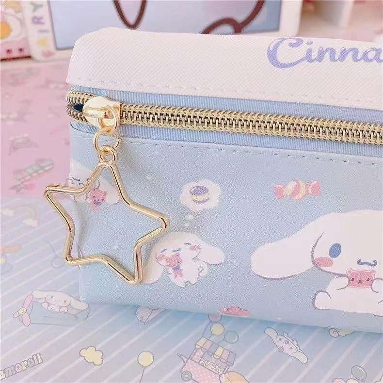 Japanese Sanrio Pencil Case Kuromi Cinnamoroll Double-layer Zipper Pencil Case Student Kids Cute Kawaii Storage Bag Organizer