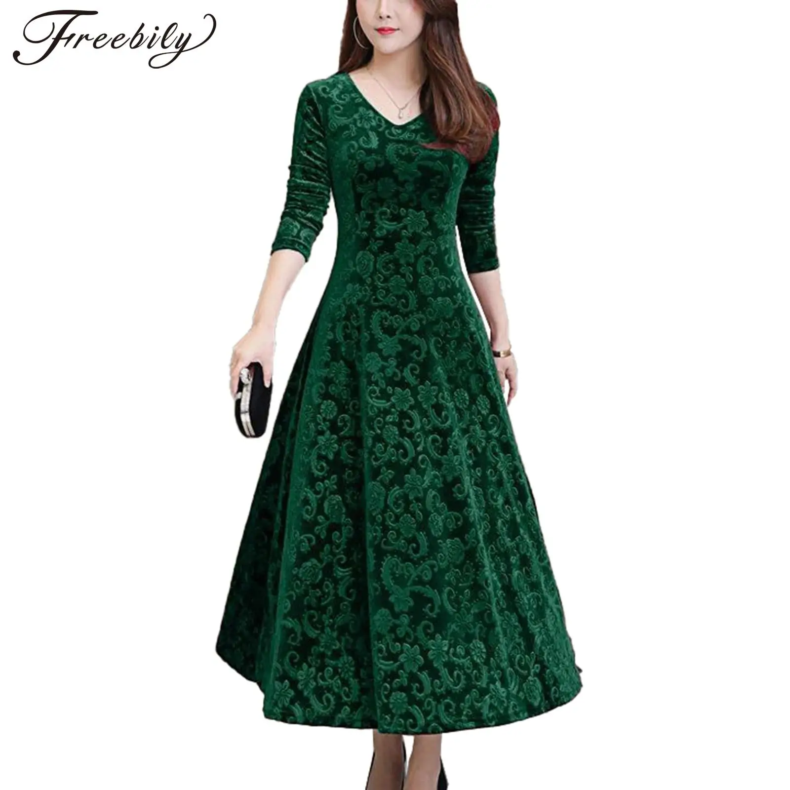 

Womens Elegant Jacquard Swing Dress V Neck Long Sleeve High Waist Vintage Dress for Party Cocktail Casual Woman Evening Gown