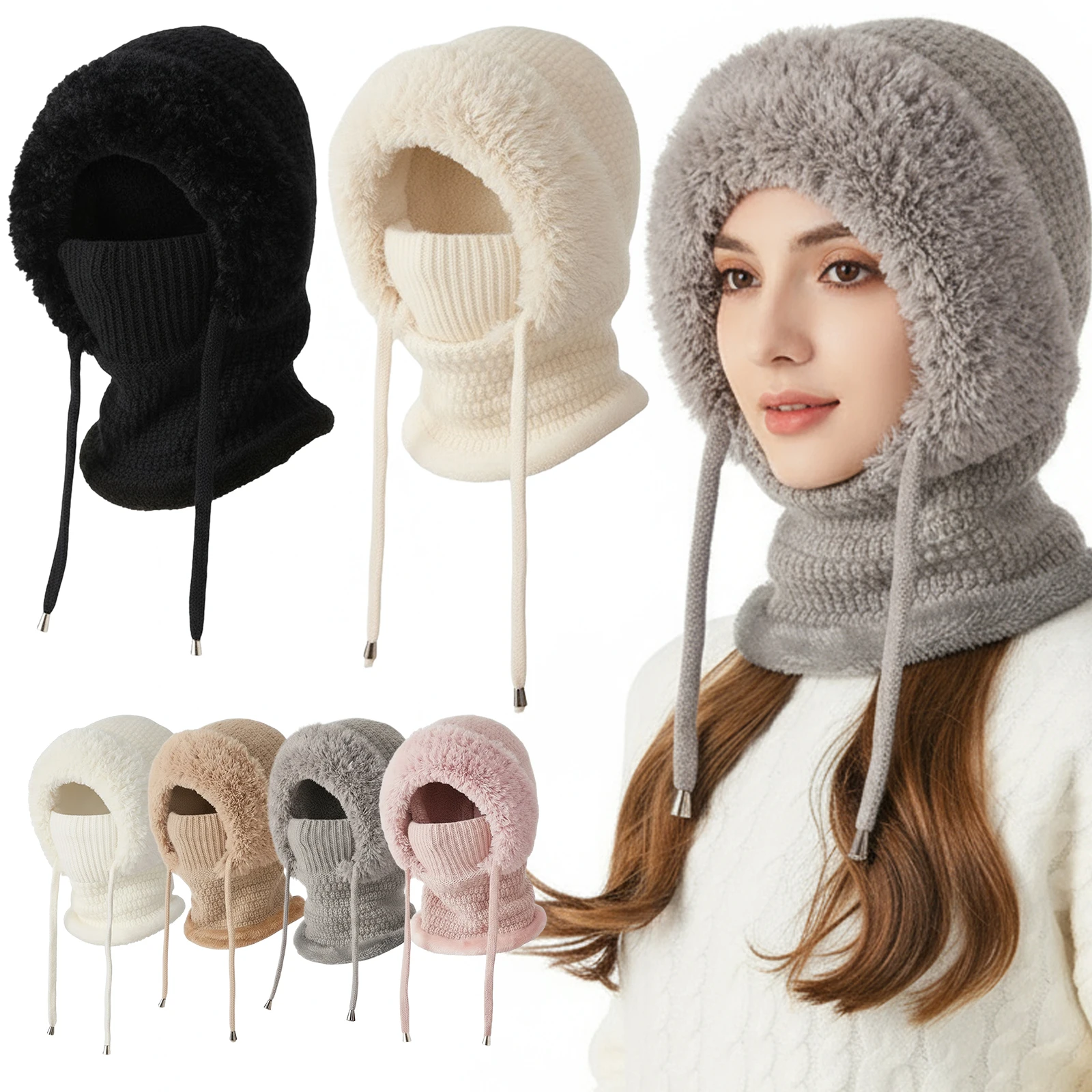 Women Fleece Lined Knit Hat Set Winter Warm Knitted Hat 3 in 1 Hooded One Piece Snow Cap W/Scarf & Mask for Cold Weather Protect 2