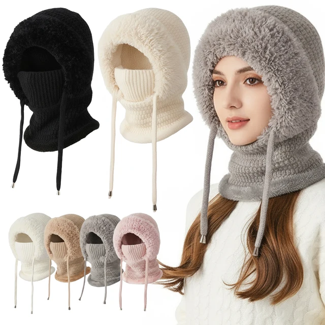 Women Fleece Lined Knit Hat Set Winter Warm Knitted Hat 3 in 1 Hooded One Piece Snow Cap W/Scarf & Mask for Cold Weather Protect 2