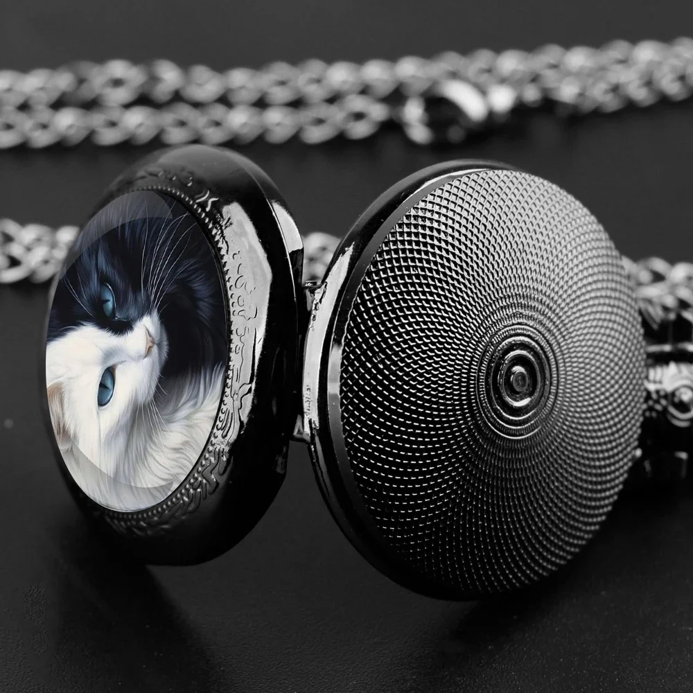 Cool Black White Cat Pattern Arabic Digital Dial Quartz Pocket Watch Vintage Necklace Pendant Chain Gift for Women Man Children