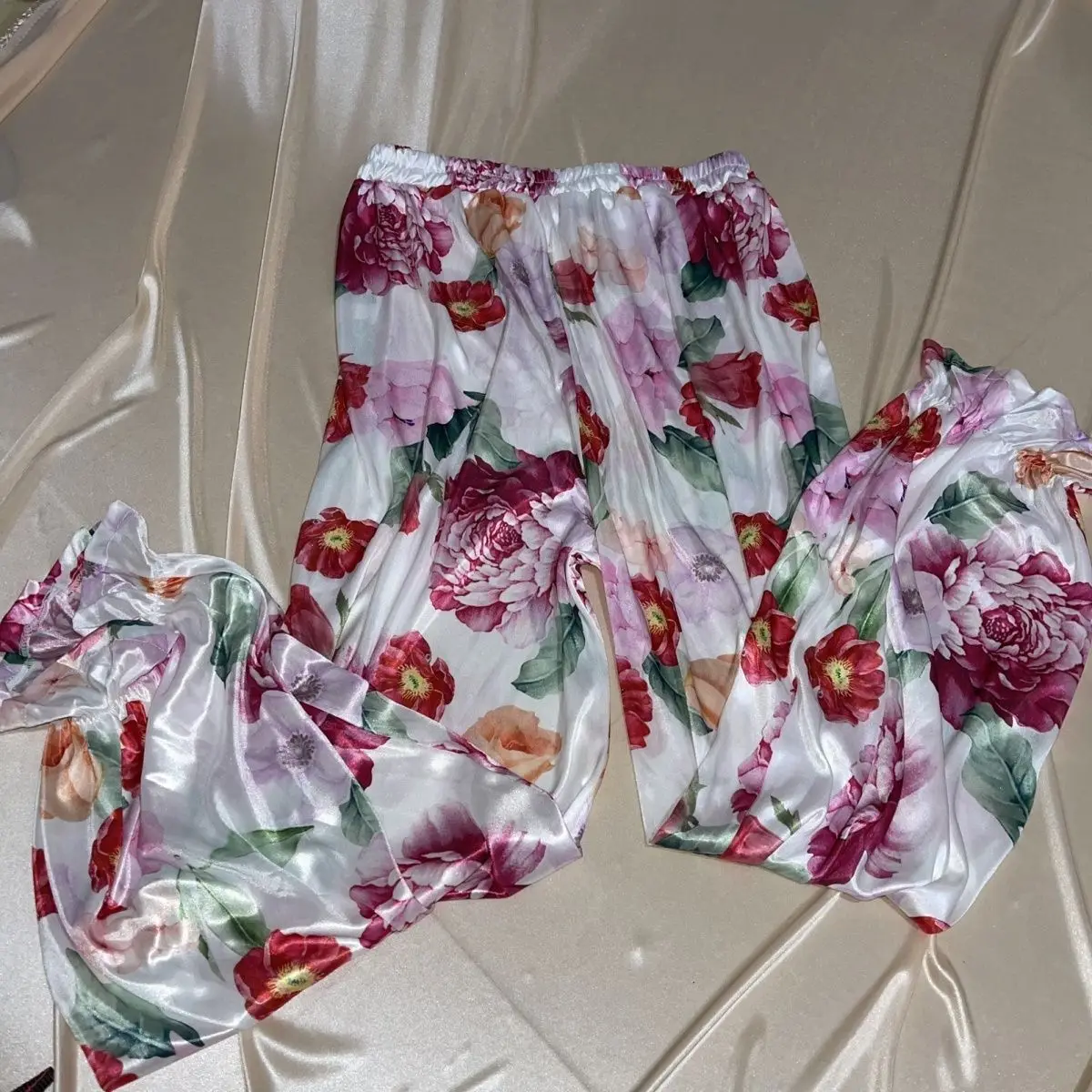 Glossy floral print satin pajamas pants Women silk loose sleeping plus size trousers