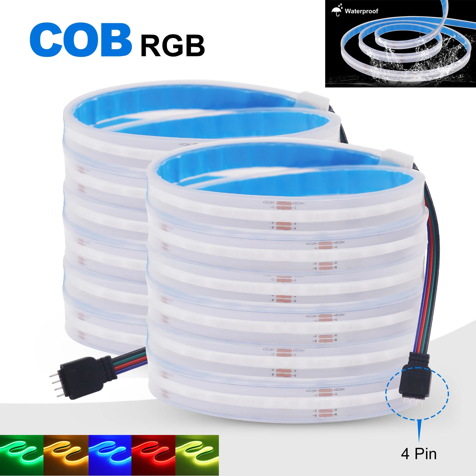 Description Picture 2 of item12V 24V RGB COB LED Strip Light 576LEDs/M High Bright Flexible LED Tape IP20 IP68 Waterproof Ribbon Rope FOB LED Lights 1m 5m