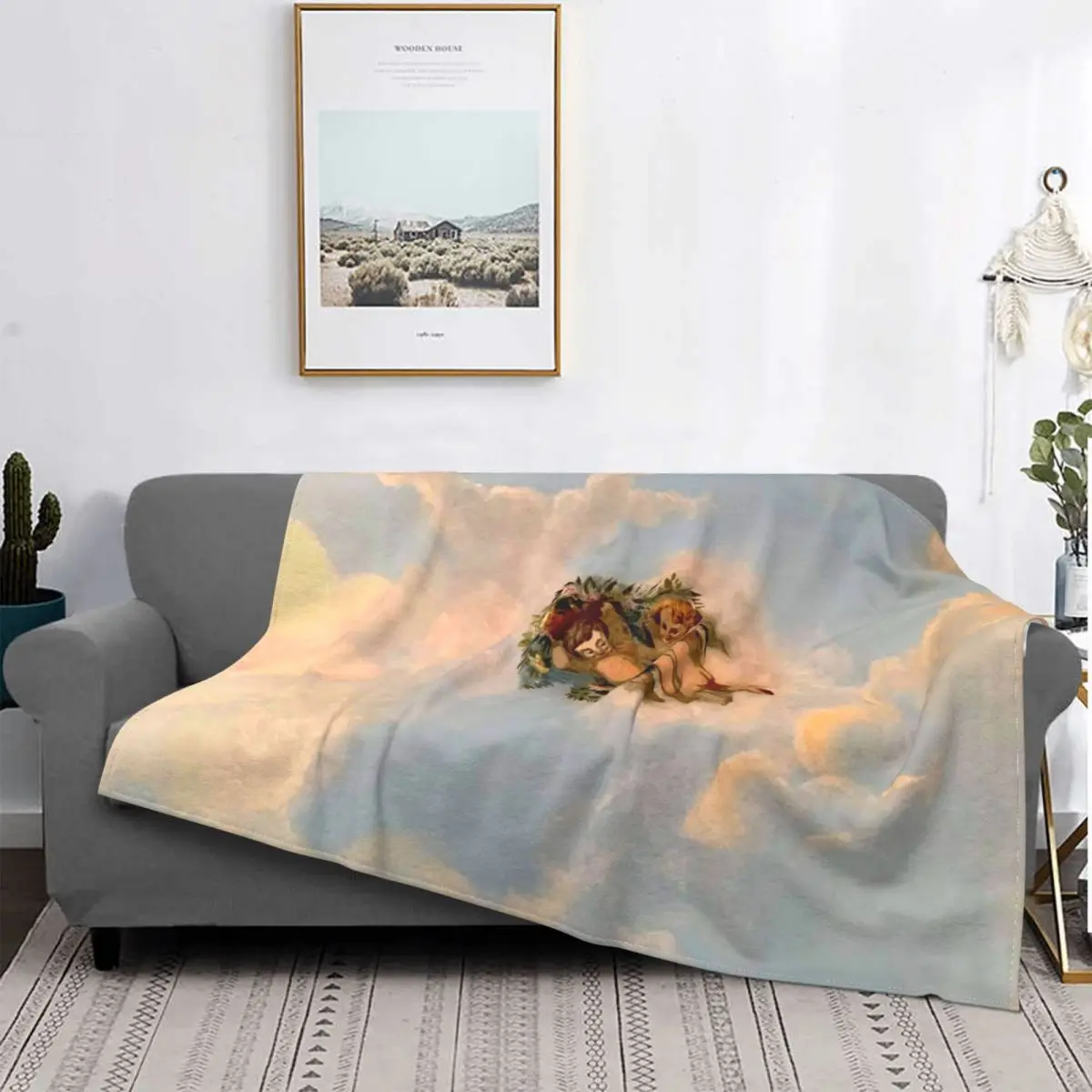 

Vintage Cupid Sky Fresco Angels Blanket Velvet Print Romantic Portable Soft Throw Blanket for Bedding Travel Plush Thin Quilt