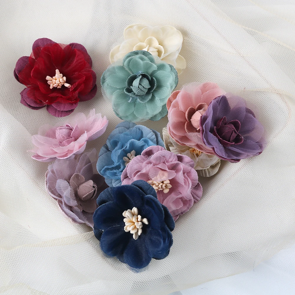 

10 pcs Pack Yarn Flower Brooch DIY Handmade Brooch Hat Shoes Fabric Flowers Wholesale