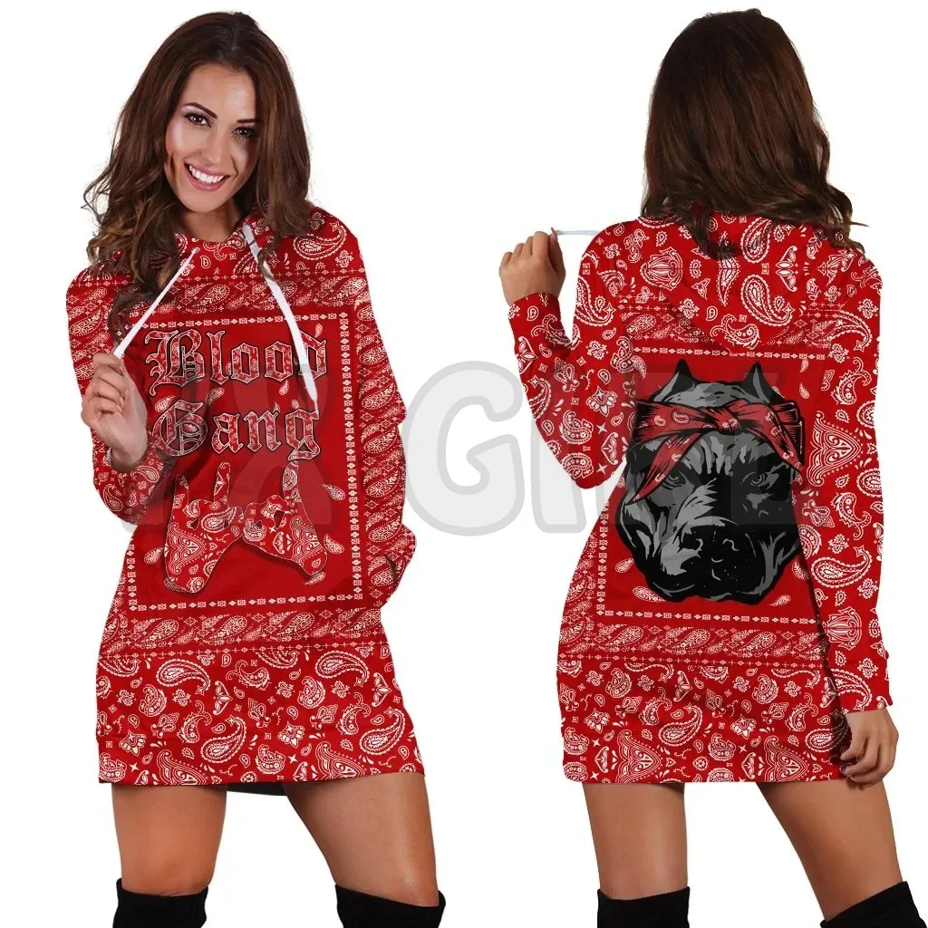YX GIRL Blood Gang Bulldog 3D Printed Hoodie Dress Novelty Hoodies Women Casual LongSleeve Hooded Pullover Tracksuit