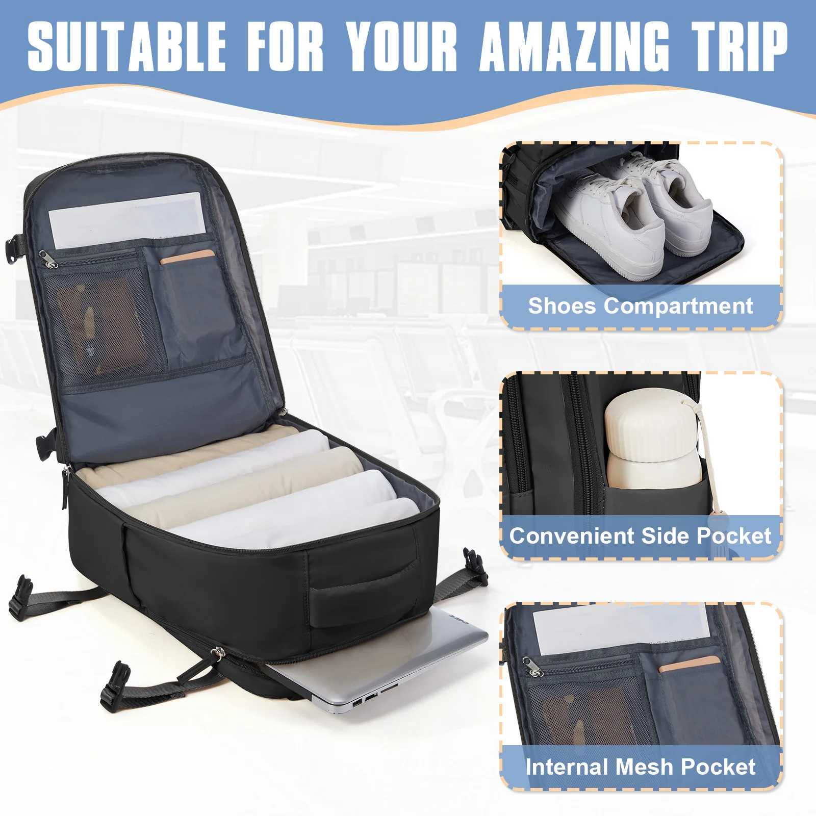 Ryanair 40x20x25 Underseat Cabin Bag Carry On Travel Backpack Cabin Size Rucksack, Hand Luggage Bag Backpack Casual Daypack Bag