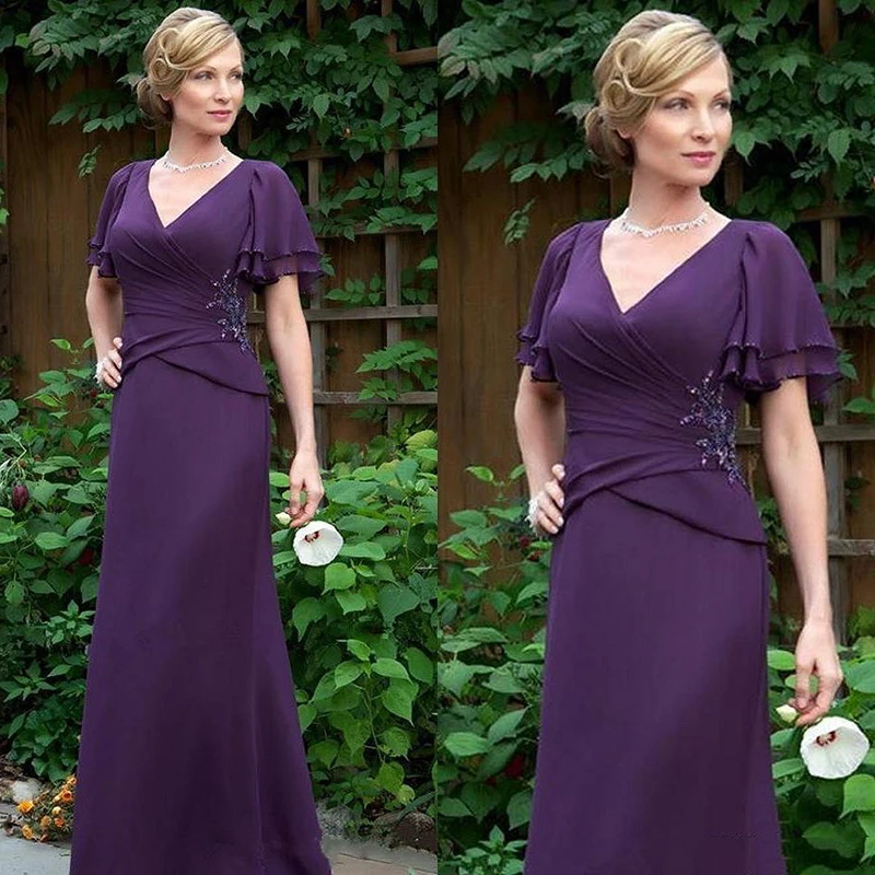 

Grape Purple Mother Of The Bride Dresses Flare Sleeve Applique Chiffon Beaded V-Neck Ruched A Line Plus Size Evening Prom Gowns