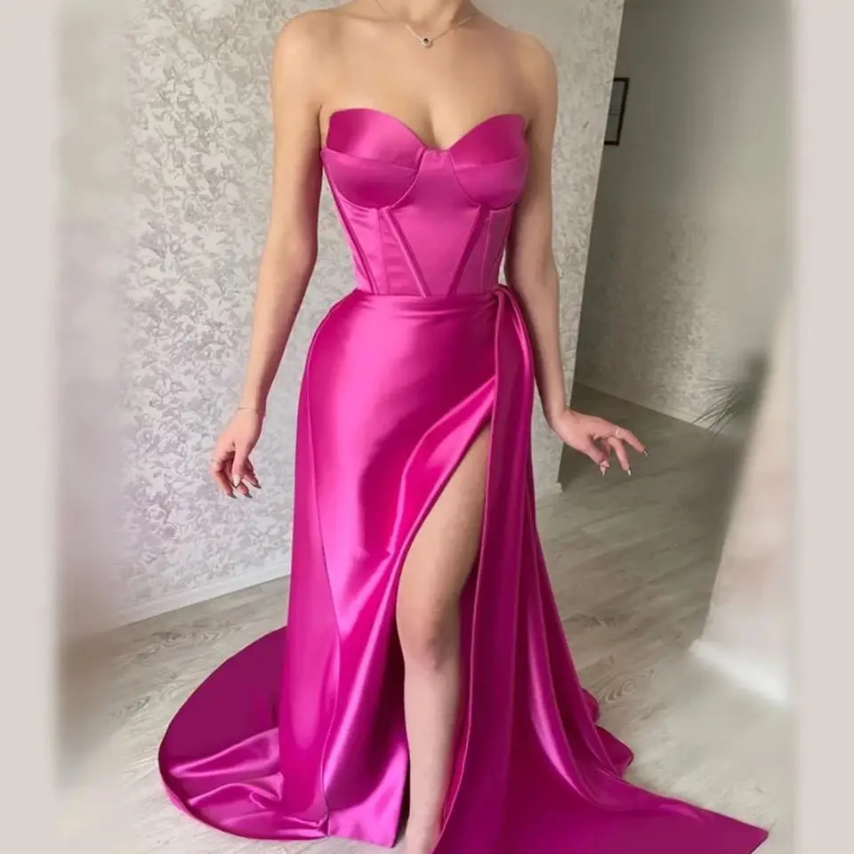 

Custom Made Charming Evening Dresses Fuchsia Sweetheart Neck Exposed Boning Sexy Women Formal Night Party Gowns Midi Maxi Wear