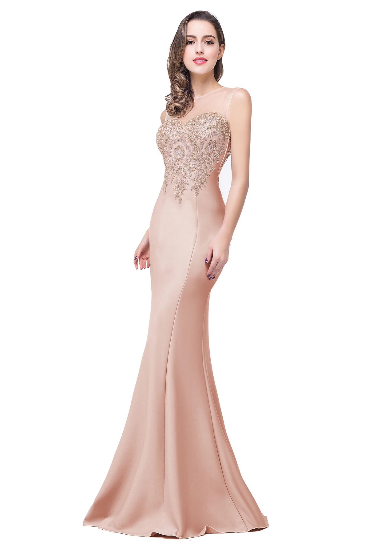 BABYONLINE Sleeveless Bridesmaid Party Dresses For Women Maxi Floor Length Mermaid Gowns Golden Appqulies Illusion Sweetheart bridesmaid dresses